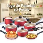 Jogo De Panelas 10 Peças Cereja Antiaderente C/tampa De Vidro E Utensílios