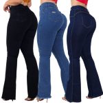 Kit 03 Calças Flare Feminina Jeans Escura Modelagem Empina Bumbum Lycra Cos Alto Boca de Sino